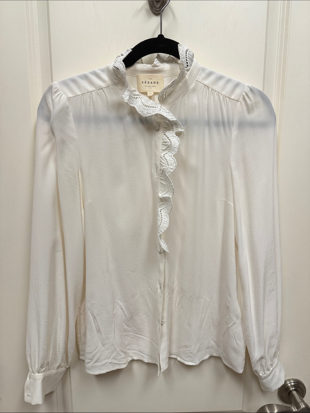 Sézane Chlo Ecru/Cream Lace-Trim Ruffle Silk Blouse